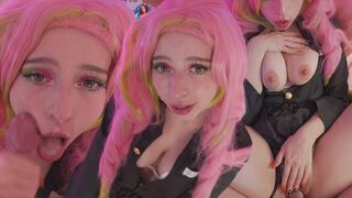 Mitsuri kanroji cosplayben bírja a fasznak a lyukait és méretes arconlövellést kap